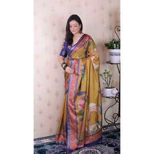 <b>Gold</b> Tussar Silk Pichwai Saree Traditional Printed Zari Woven <b>Scarf</b> & Shawl 450g Elite Weaves - Product Image 2