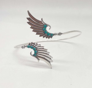 Natural Turquoise Angel Wing Upper Arm Cuff <b>Bracelet</b> Silver Plated Handmade Adjustable Armlet <b>Boho</b> Statement Jewelry for Women - Product Image 1