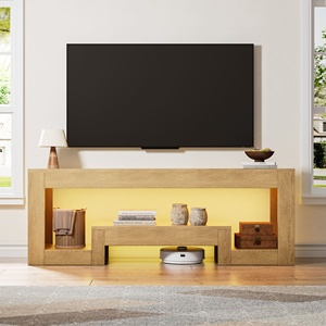 Support <span class=keywords><strong>TV</strong></span> LED personnalisable, console <span class=keywords><strong>TV</strong></span> en bois naturel de 54,3 pouces avec compartiments de rangement, centre de divertissement pour jeux - Product Image 4