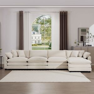 Divano Componibile Moderno a L per 4 Persone, Comodo Tessuto in Velluto a Coste con 1 Pouf per Soggiorno - Product Image 3