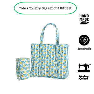 Bolsa de Mano Acolchada de Algodón con Estampado Floral Azul de Jaipur + Set de Bolsa de Aseo, 3 Cierres, Ligera, Ecológica, Plegable, Hecha a Mano - Product Image 2