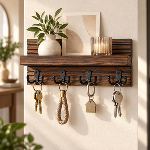 Wooden Wall Mounted <b>Coat</b> <b>Rack</b> with <b>Shelf</b> and Hooks Rustic Entryway Organizer Key Holder Storage <b>Rack</b> Home Decor - Product Image 5