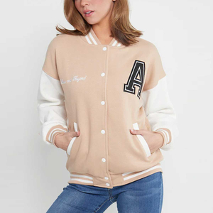 Beige White Varsity Jacket With Letter A Embroidery Preppy Style Regular Fit Turn-down Collar Single Breasted Men's Jackets - Product Image 4