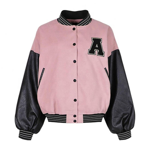 Veste pour homme, veste bomber varsity rose et noire, manches en cuir, streetwear, mode, coupe ample, automne-hiver - Product Image 2