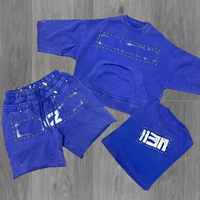 Ensemble de survêtement décontracté pour homme avec logo personnalisé, 100% coton velours, sequins thermocollés, séchage rapide, fermeture éclair, polo et short de jogging