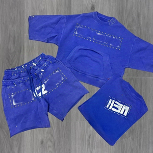 Ensemble de survêtement décontracté pour homme avec logo personnalisé, 100% coton velours, sequins thermocollés, séchage rapide, fermeture éclair, polo et short de jogging - Product Image 1