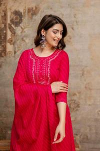 Premium Rani Pink 60x60 Cotton Handwork Suit Set with Embroidered Straight <b>Kurta</b> Matching Pants and Dupatta for <b>Women</b> - Product Image 4