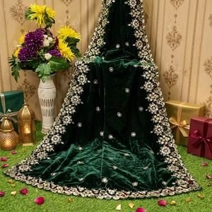 Dark Green Velvet Bridal Dupatta Embroidered Border Solid Pattern Winter Wrap Ethnic Wedding Party Favor Ramadan Diwali - Product Image 1