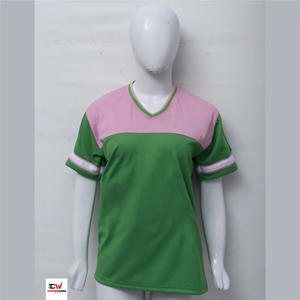 Camiseta deportiva para mujer, suave, ligera y transpirable, diseño de bloques de color verde y rosa, mangas cortas con detalle de rayas. - Product Image 2