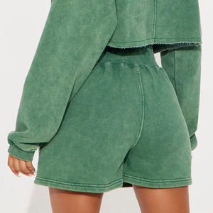 Custom Casual Winter Acid Wash Solid <b>Zip</b> <b>Hooded</b> Fleece Eco-Friendly Streetwear Jogging Hoodie and Shorts 2-Piece Women Set - Product Image 5