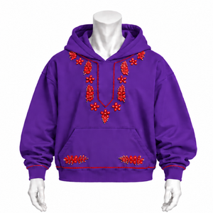 Sweat à capuche violet foncé Indus brodé, broderie florale traditionnelle, poche kangourou, coupe décontractée, streetwear décontracté, pull d'hiver - Product Image 1