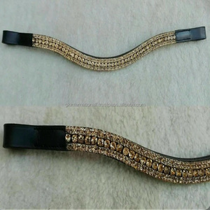 Banda de cejas de caballo de cuero genuino ecuestre de moda de lujo decorada con cristales dorados de 5 filas de diamantes de imitación banda de cejas mega Bling - Product Image 2