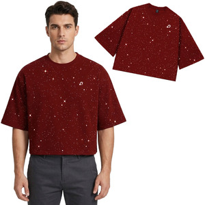 Camiseta Oversize Personalizada con Pedrería para Hombre, Estampado Estrellado, Hombros Caídos, Corte Cropped, Ajuste Holgado, Estilo Urbano Hip Hop - Product Image 1