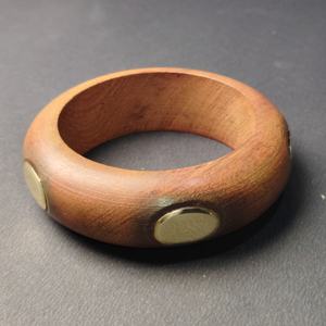 Handcrafted Natural Solid Wood <b>Bangle</b> with Inlaid Brass Oval Disks - Bohemian Style Chunky <b>Wooden</b> Bracelet for Women - Product Image 2
