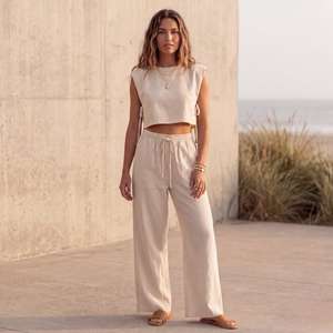 100% <b>Linen</b> Solid Washed Sweet Pleated Vintage Summer Daily Wear Beading Co-ord <b>Set</b> Women Regular Fit Short Shirt Full Length - Product Image 4