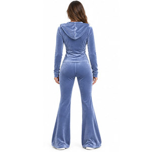 Ensemble de survêtement en velours bleu Y2K pour femmes, veste à capuche zippée et pantalon évasé, deux pièces - Product Image 5