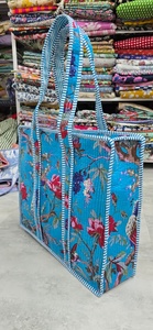 Sac fourre-tout en coton imprimé bleu ciel pour femme, léger, avec poches intérieures et fermeture éclair - Style bohème vintage toutes saisons - Product Image 3