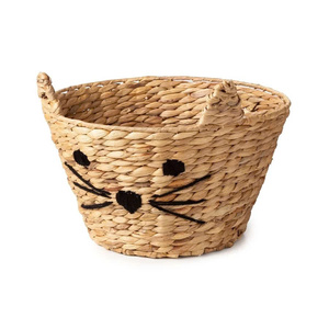 <b>Top</b> Selling High Quality Handcrafted Water Hyacinth Woven Cute <b>Cat</b> Face Storage Basket For Baby Nursery Organizer Decor - Product Image 1