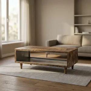 Table basse en bois rustique avec étagère ouverte et finition naturelle pour le rangement dans le salon - Product Image 1