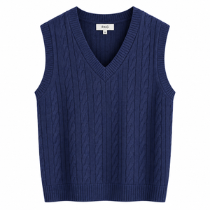 Gilet en tricot sans manches à col en V pour femme, couleur unie, tricot torsadé, décontracté, pour l'automne, 100% acrylique, longueur normale - Product Image 1