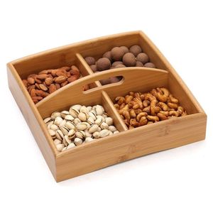 Plateau de service en bois à 4 compartiments pour noix, plateau écologique en bois pour fruits secs, boîte de rangement de collations de bureau avec poignée, organisateur - Product Image 1