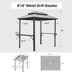 Gazebo barbecue en aluminium brun 8 '6' cadre métallique extérieur Double toit Hard Top Tables de service pour patio pelouse terrasse jardin arrière-cour - Product Image 6