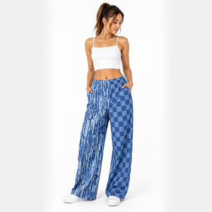 Pantalones de descanso de pierna ancha para mujer adulta, de cintura media, con frente plano, de verano, con estampado de leopardo a cuadros, estilo Western, de moda personalizada - Product Image 1