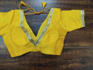 Mustard Yellow 100% Polyester Woven V Neck Elegant Short Sleeve Breathable Crop <b>Top</b> Saree Blouse Anti-Wrinkle Autumn/Winter - Product Image 2