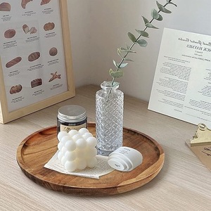 Juego de bandejas redondas de madera con florero de vidrio y vela decorativa |   Bandeja para Mesa de Centro para Decoración del Hogar - Product Image 1