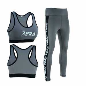ชุดเซ็ตเสื้อชั้นในกีฬาแบบ Racerback และกางเกงเลกกิ้งสำหรับผู้หญิง โลโก้ด้านหน้า สีเทา ผ้าตาข่ายระบายอากาศ ชุดออกกำลังกาย รองรับสูง ไร้ตะเข็บ ผลิตจากผ้าสแปนเด็กซ์และโพลีเอสเตอร์ - Product Image 1