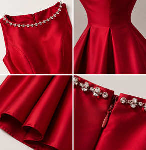 Robe midi élégante en satin rouge sans manches, coupe trapèze, taille ultra haute, avec détail collier de perles, idéale pour les soirées, design personnalisé, vente en gros - Product Image 6