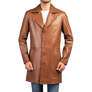 <b>Men</b> Winter Business <b>Long</b> Genuine Leather Horn Button Slim Fit Canvas Outerwear <b>Coat</b> - Product Image 5