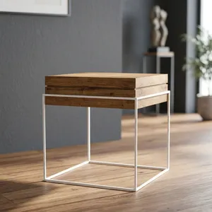 Modern Wood Top Coffee <b>Table</b> White Metal Frame Base Minimalist <b>End</b> Side <b>Table</b> <b>for</b> <b>Living</b> <b>Room</b> - Product Image 5
