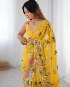 KV Women's Traditional Rayon Georgette Yellow Embellished Designer Wrinkle-Free Quick-Dry Autumn <b>Saree</b> Unstitched <b>Blouse</b> for - Product Image 6