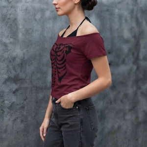 Women Off Shoulder Skeleton Print T-Shirt Short Sleeve Gothic Style <b>Red</b> Polyester Jersey Halter <b>Top</b> - Product Image 2