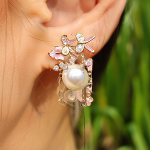 18K Gold Plated Cute Number Butterfly Stud Earrings with Zircon and Pearl - Product Image 3