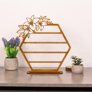 Wooden Hexagon Jewelry Organizer With Floral Design Boho Style <b>Table</b> Top Display Stand For Earrings And Accessories - Product Image 6