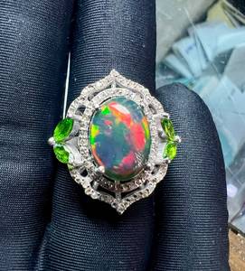 Natural Black Opal Green Tourmaline Cabochon Cocktail <b>Ring</b> in 925 Sterling <b>Silver</b> with Prong Setting Rhodium Plated Luxury Style - Product Image 4