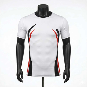 T-shirt à manches courtes pour homme, motif géométrique blanc, noir et rouge, col rond, séchage rapide, coupe ajustée, sportif, tricoté, longueur normale - Product Image 1