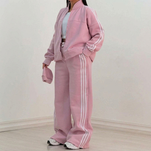 Crescent Wear Womens <b>Pink</b> 100% Cotton High Street Winter <b>Tracksuit</b> <b>Set</b> Contrast Stripe Detailing Customizable Colors Logos - Product Image 1