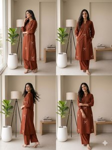 Ensemble pantalon et kurta en voile de coton à manches longues pour femmes adultes, couleur unie marron, brodé, col en V, longueur cheville, vêtements décontractés musulmans, OEM - Product Image 2