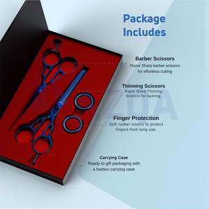 Juego de tijeras profesionales de acero inoxidable para cortar y entresacar el cabello con inserciones para los dedos y caja de regalo. - Product Image 5