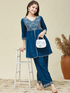 <b>Women</b> Teal Silk Blend Embroidered Peplum <b>Kurta</b> and Pant Set Regular Fit Casual Traditional Wear Quick Dry Knee-Length - Product Image 1
