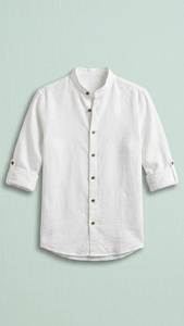 Chemise Henley en lin et coton blanc, col mandarin, boutonnée, décontractée pour homme, respirante, manches courtes pour un usage quotidien - Product Image 1