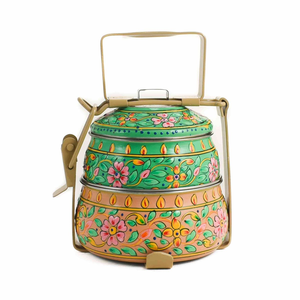 Green peach brass tiffin <b>box</b>, 2 tier hand painted floral lunch <b>box</b>, traditional flower conical food carrier, at wholesale prices - Product Image 1