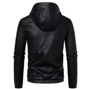 <b>Men's</b> <b>Leather</b> Waterproof Stand Collar Moto <b>Jacket</b> Zipper Closure Slim Fit Windproof Autumn Style Solid Color Regular Length - Product Image 4