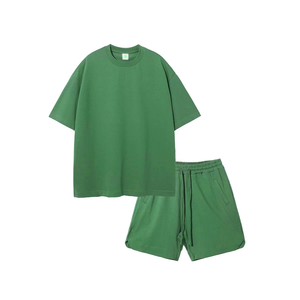 Light Yellow Cotton Tracksuit Set Crew Neck <b>Short</b> Sleeve Loose Fit Solid Color Breathable Summer Casual <b>Shorts</b> With Side Pockets - Product Image 3