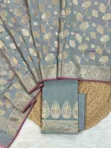 Conjunto de Traje de Seda Semi-Kataan Banarasi Hecho a Mano para Mujer, Ropa Étnica India, Corte Regular, Textura Lujosa, Tradicional para Fiestas - Product Image 3