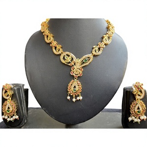 Indian Mores Gold Plated Brass AD Stone Jadau Jewelry Sets for Women Ethnic Festive Party Casual Wedding Jaipur Rajasthan - Product Image 1