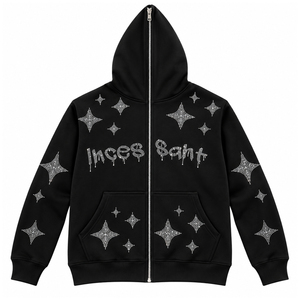 Sudadera con capucha unisex vintage con cremallera y pedrería, diseño gráfico de cruz con tachuelas brillantes, de algodón pesado, estilo streetwear. - Product Image 1